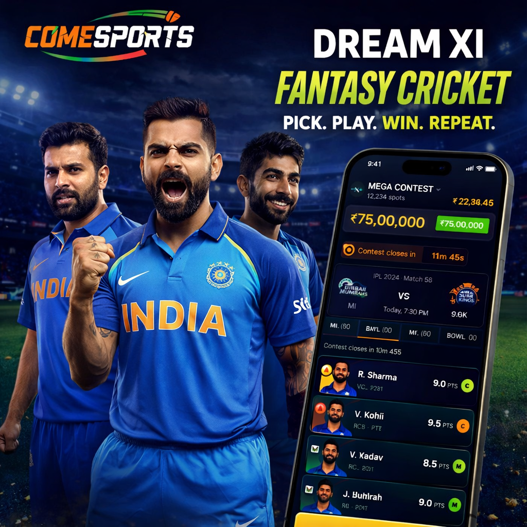 Come Cricket Hub fantasy cricket and India team visual