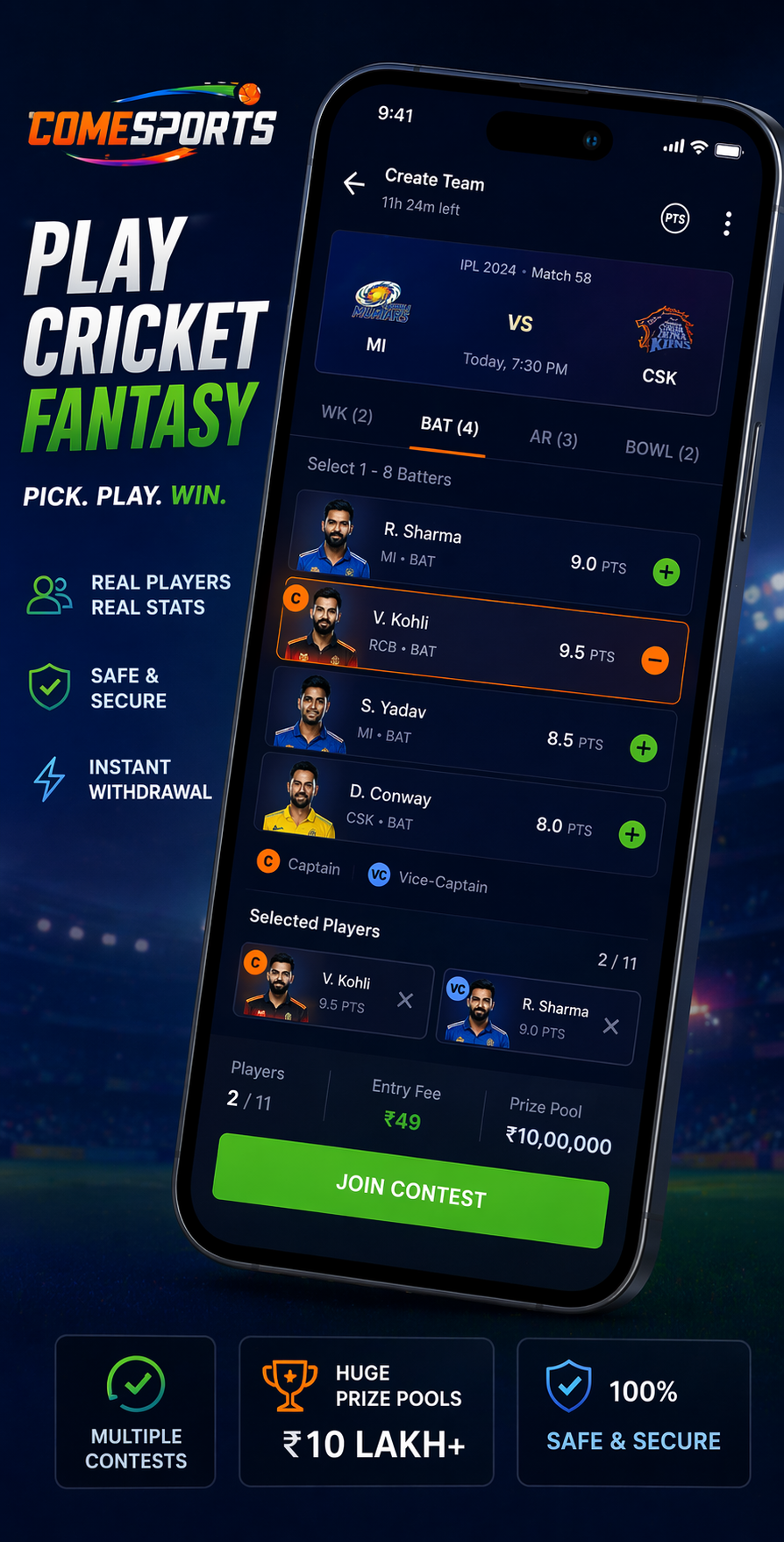 Come Cricket Hub cricket fantasy visual